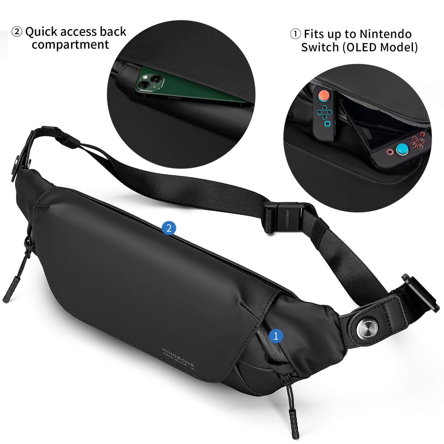 Kingsons tech sling bag ks3248w featuring quick access back compartment and fit up to Nintendo switch