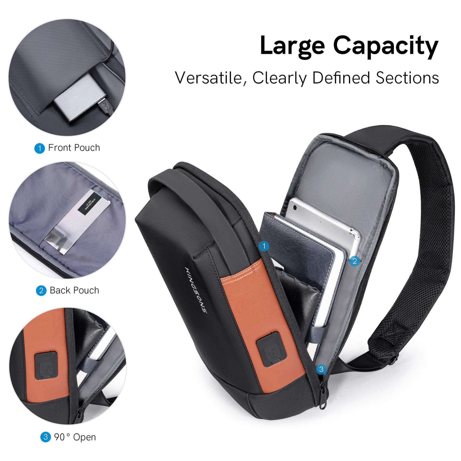 Kingsons large capacity sling bag KS3284W opens 90 degrees and features scientific organization
