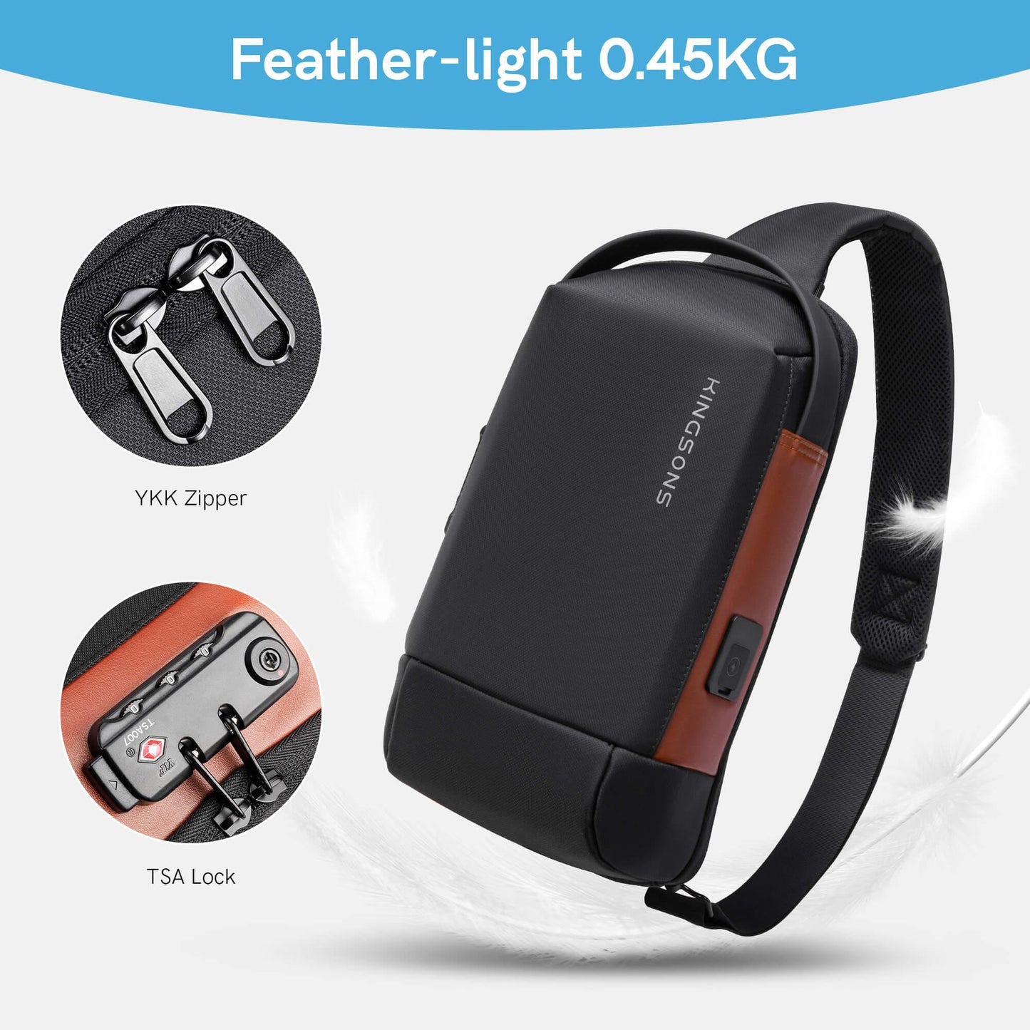 Kingsons lightweight sling bag KS3284W weighs 0.45kg and features a TSA lock and YKK zippers