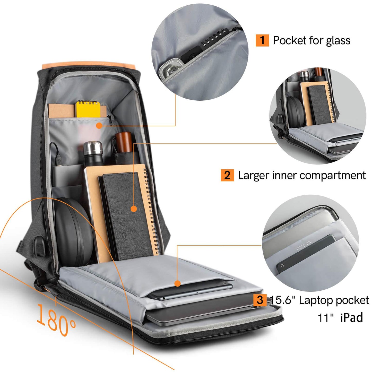 Kingsons anti-theft travel backpack can open 180 degrees